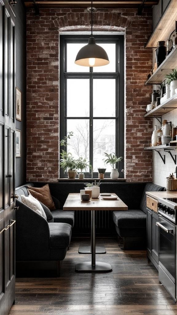 A chic kitchen nook featuring exposed brick walls, dark cabinetry, a wooden table, and cozy seating.