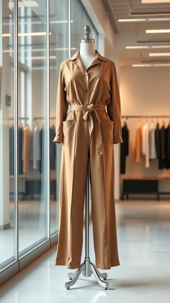 A stylish jumpsuit displayed on a mannequin in a modern clothing store.