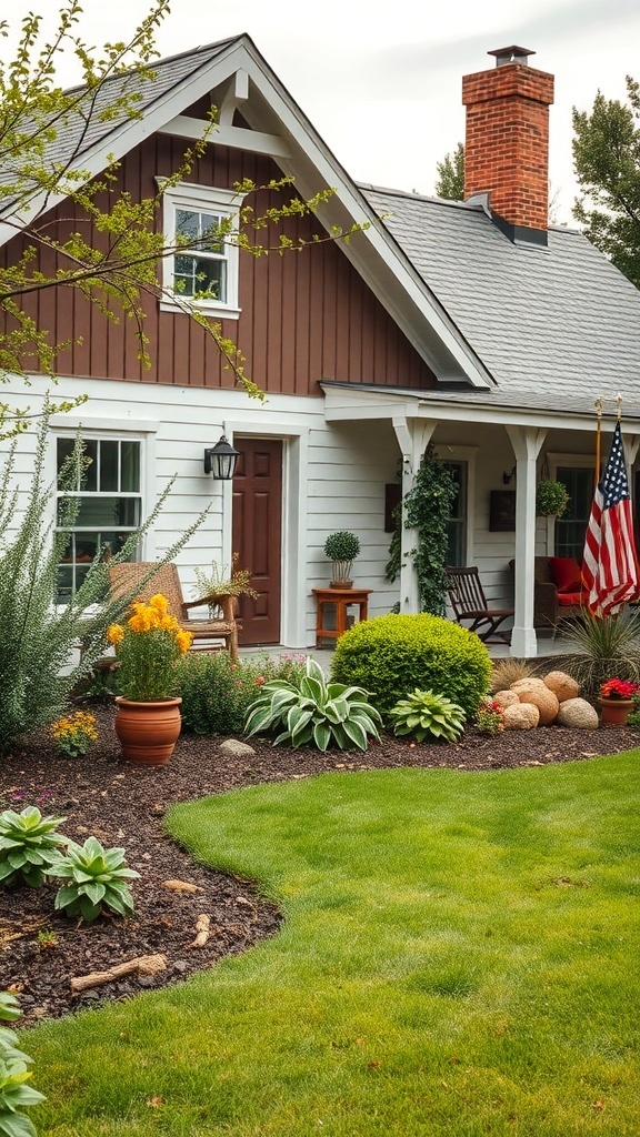 A rustic modern farmhouse with a well-maintained garden featuring colorful flowers, greenery, and decorative stones.