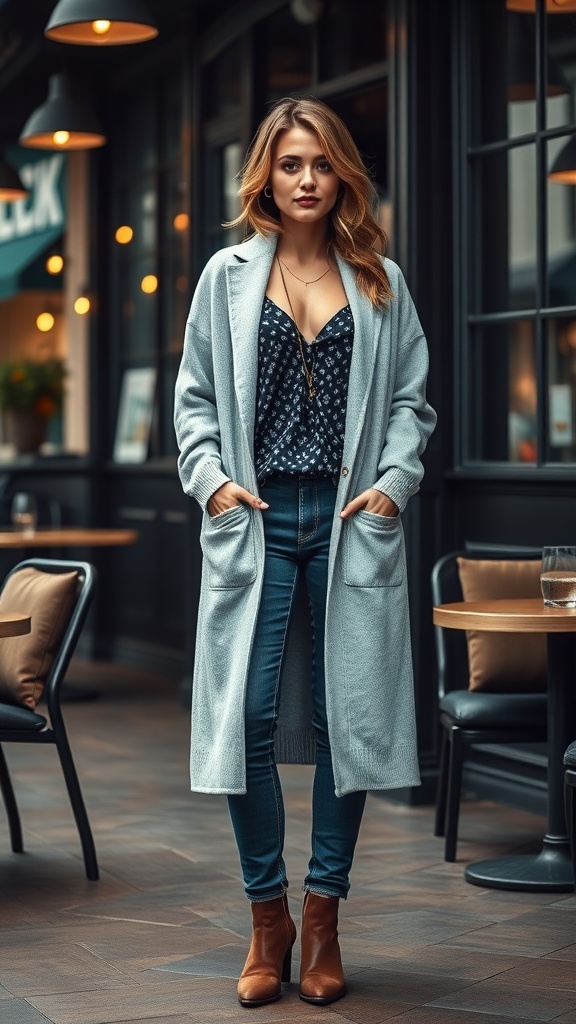 A woman in a long gray cardigan, patterned top, and fitted jeans, standing in a cozy café setting.