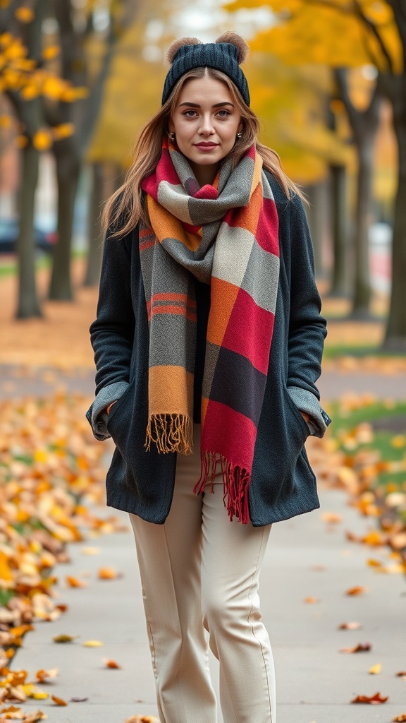 A woman wearing a stylish scarf and coat in a fall setting.