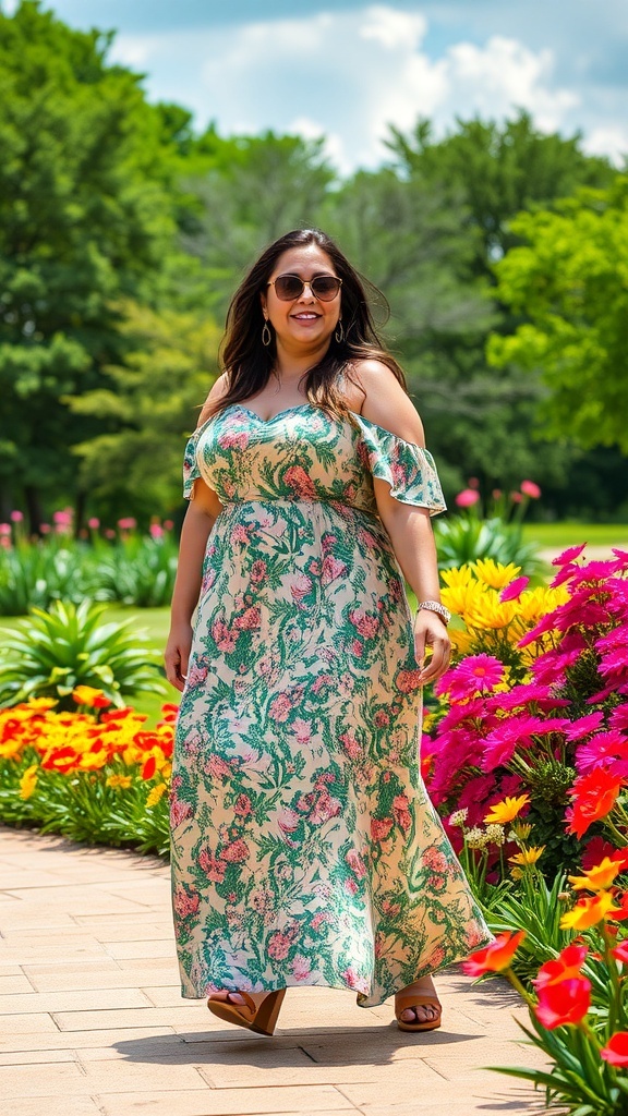 A woman in a floral maxi dress walking in a garden filled with colorful flowers.