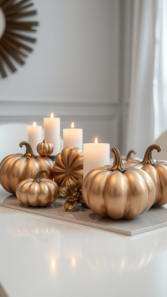 A fall centerpiece featuring metallic gold pumpkins and white candles on a table.