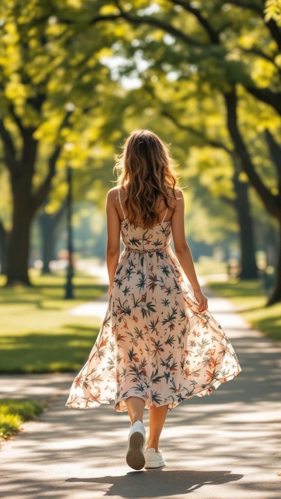 A woman walking in a floral midi dress and white sneakers in a park.