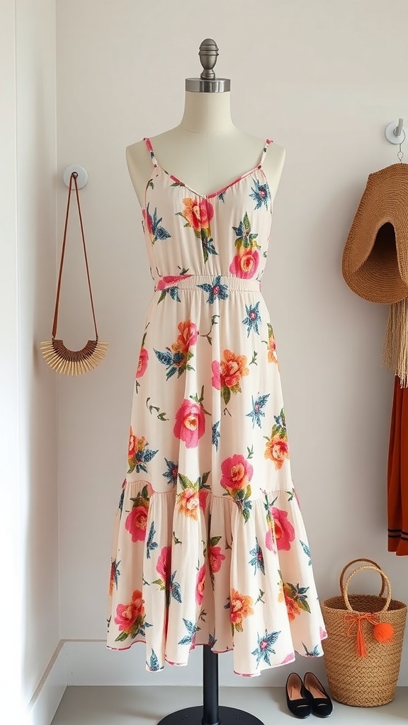 A floral midi dress on a mannequin, showcasing a summer work outfit for women.