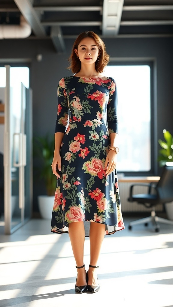 A young woman in a floral midi dress, standing in an office setting with natural light.