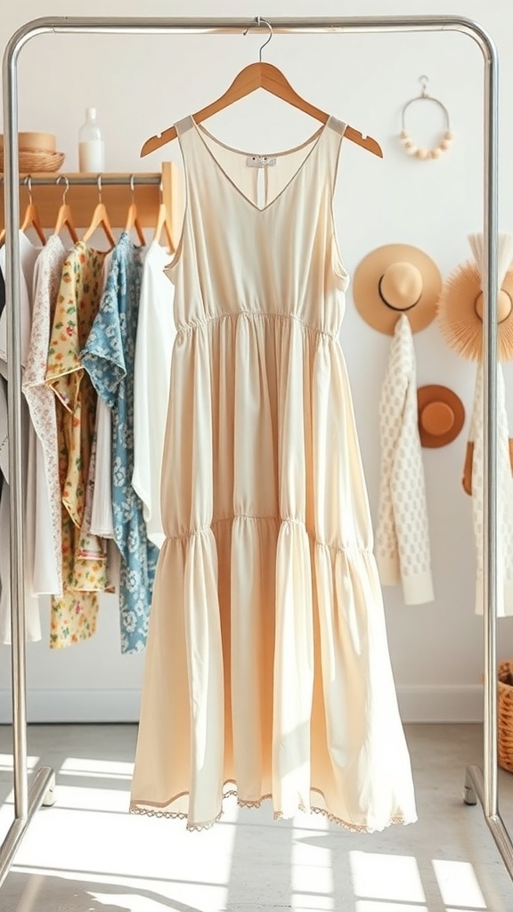 A light-colored midi dress hanging on a rack, surrounded by various clothing items.