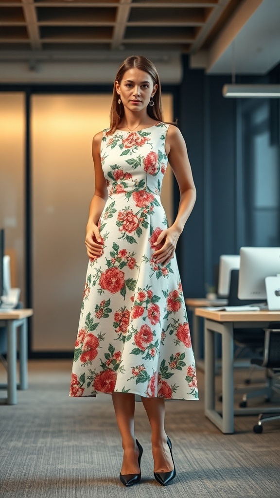 A woman wearing a floral midi dress in an office setting