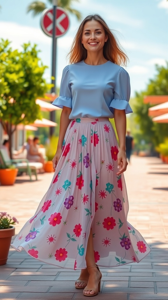 A woman wearing a blue top and a floral midi skirt, smiling outdoors.