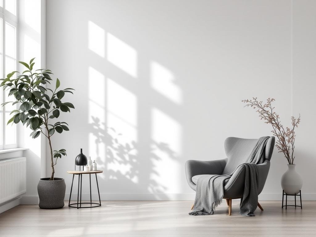 A minimalist living space featuring a gray chair with a blanket, a small table, a plant, and natural light from a window.