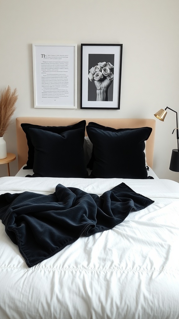 A minimalist bedroom featuring a black velvet bed with decorative pillows, a white duvet, and framed artwork on the wall.
