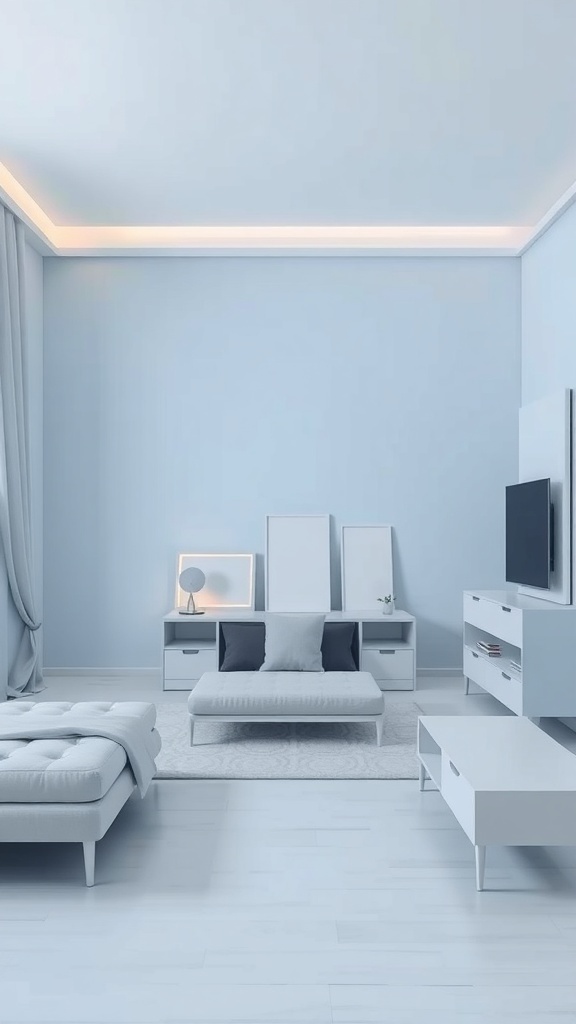A chic minimalist light blue bedroom with simple furniture and soft textures.