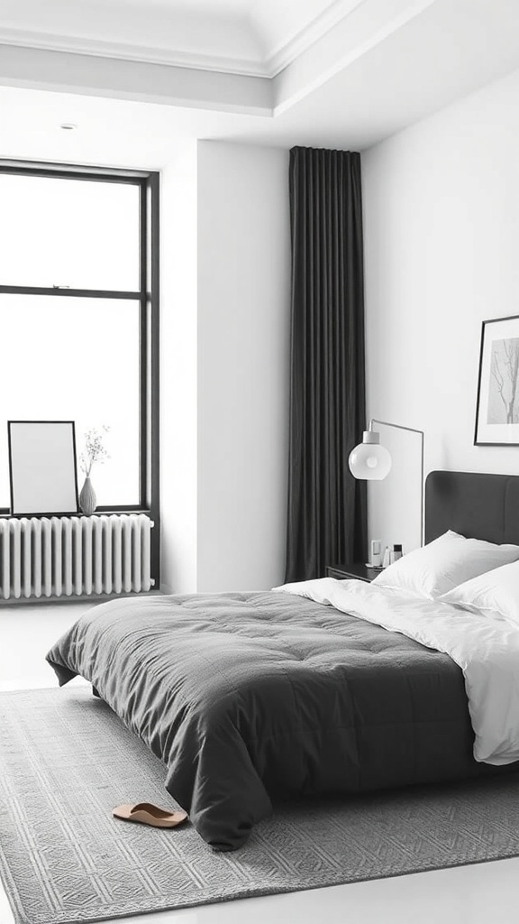 A stylish black and white bedroom featuring a cozy bed, large window, and elegant decor.