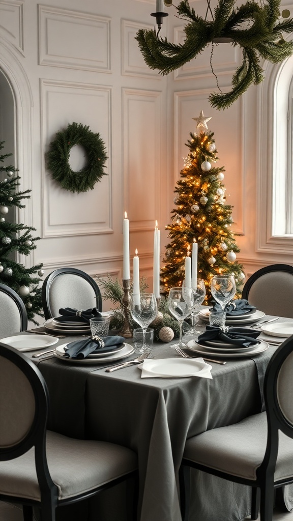 A beautifully set Christmas table with gray tablecloth, black napkins, and elegant glassware.