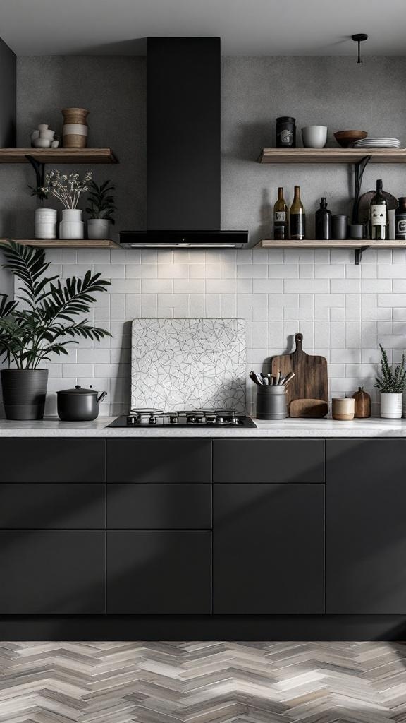 A chic monochrome kitchen featuring black cabinetry, white backsplash, and wooden shelves with plants.