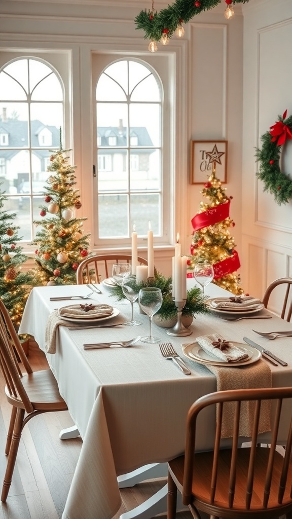 A beautifully set dining table with neutral tones, featuring candles and greenery, surrounded by festive decorations.