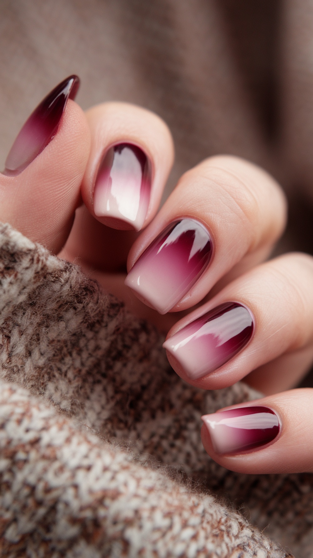 Chic ombre nail design featuring deep burgundy and soft pink colors.