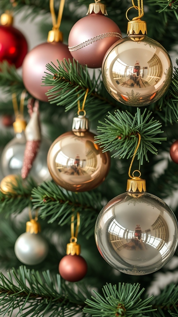 Close-up of elegant Christmas ornaments in soft colors hanging on a tree.
