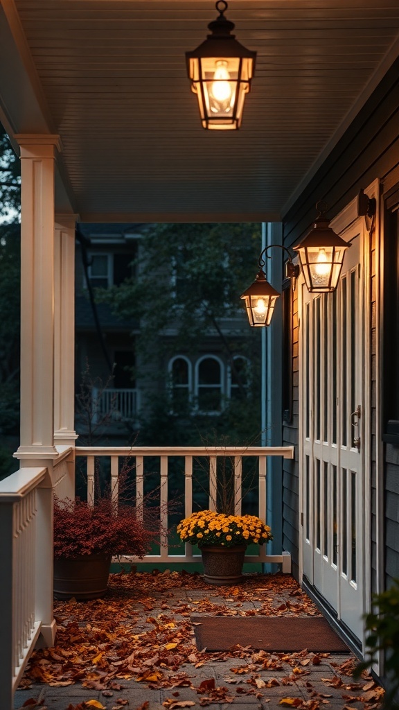 A cozy porch with warm outdoor lighting, autumn leaves, and colorful flowers.
