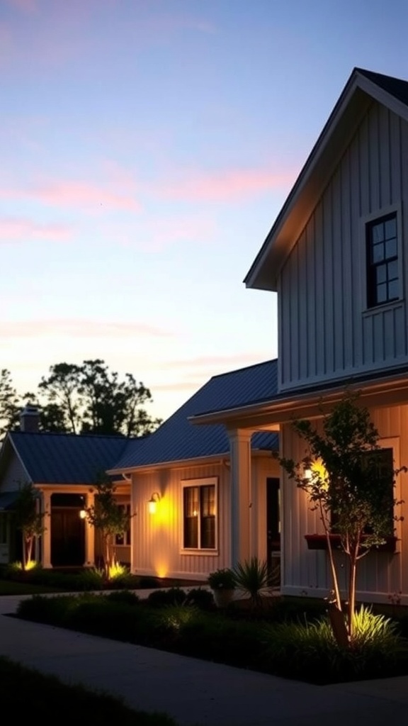 Modern farmhouse exterior with stylish outdoor lighting fixtures at dusk