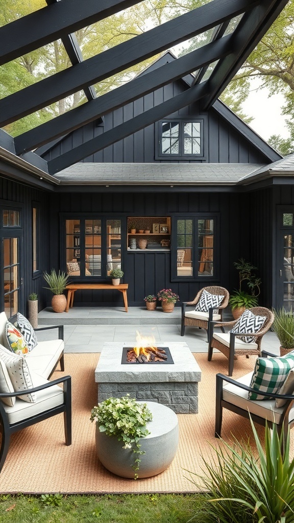 Chic outdoor living area with black modern farmhouse style, featuring seating and a fire pit.