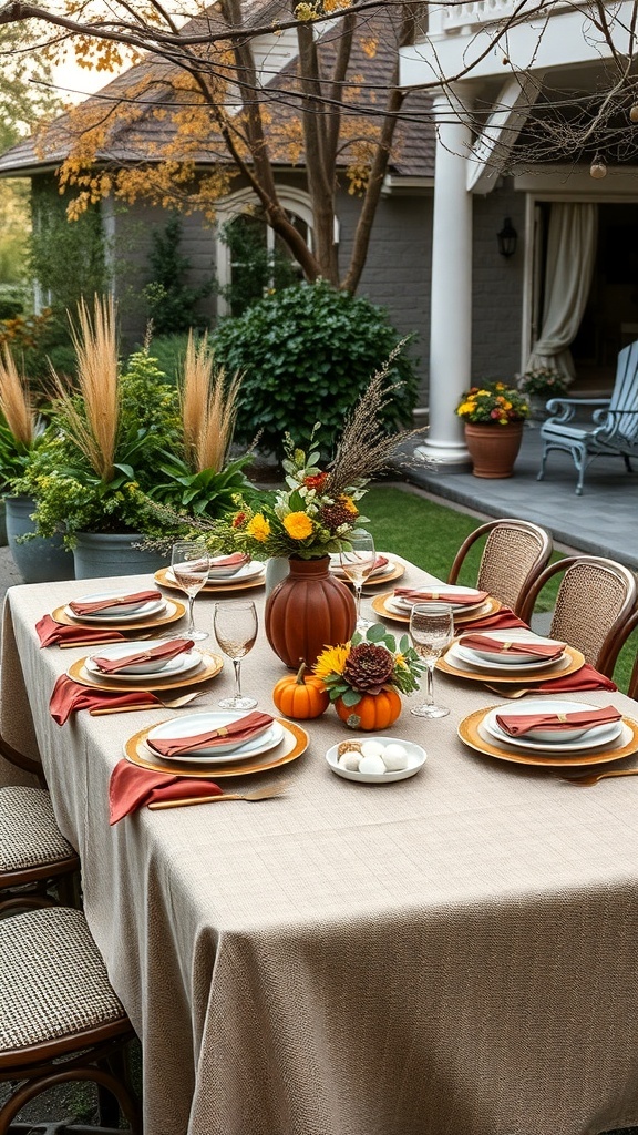Outdoor table setting with pumpkin centerpiece and fall decor