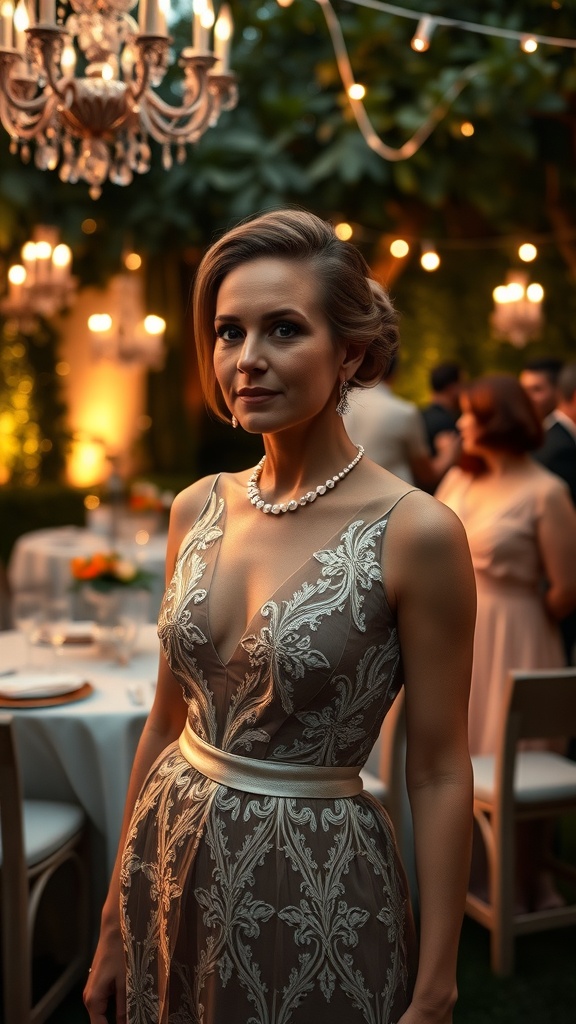 A woman in an elegant embroidered gown with pearl jewelry at a beautifully lit event.