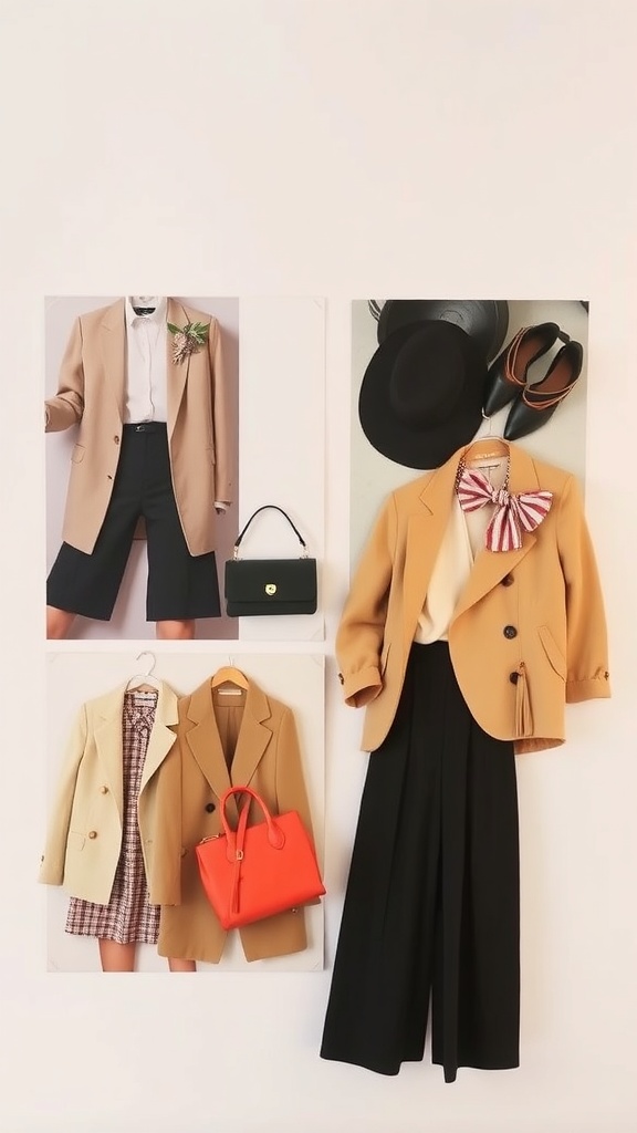 A collection of chic outfits featuring blazers, skirts, and accessories, showcasing classic fashion inspirations.