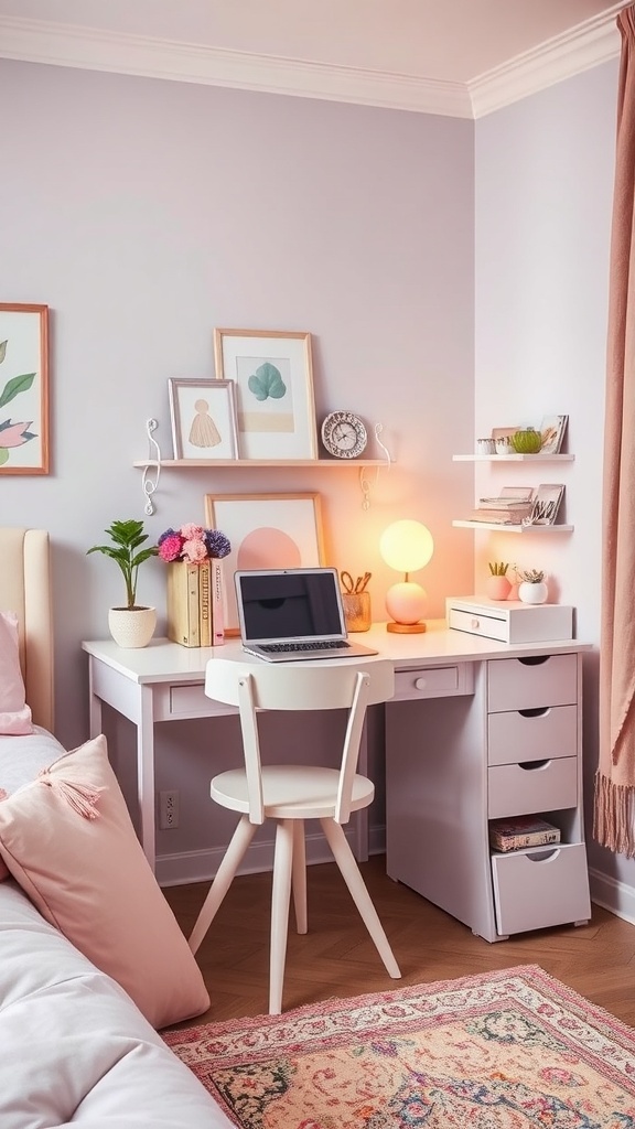 A chic pastel desk space with a white desk, laptop, and decorative items on the wall.