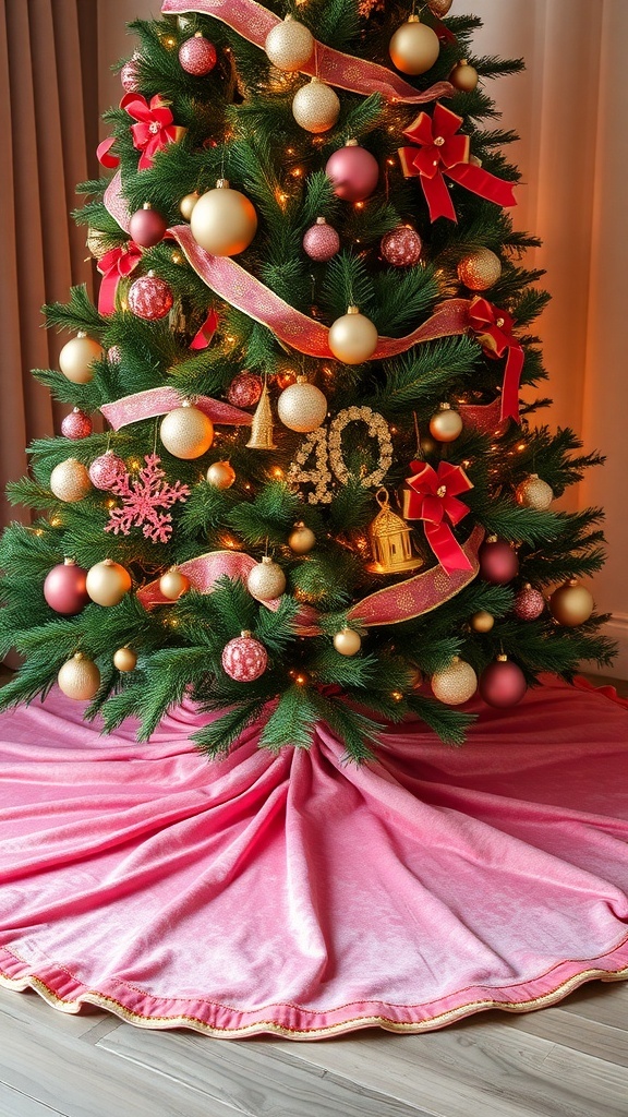 Chic pink and gold Christmas tree skirt under a decorated tree