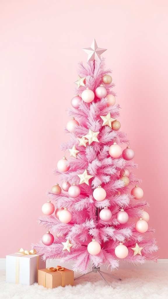 A chic pink Christmas tree decorated with ornaments and stars, surrounded by wrapped gifts.