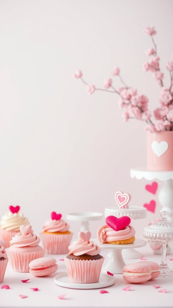 A chic pink dessert table featuring cupcakes, macarons, and heart decorations.