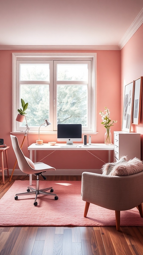 A stylish home office featuring soft pink walls, a white desk, and cozy seating.