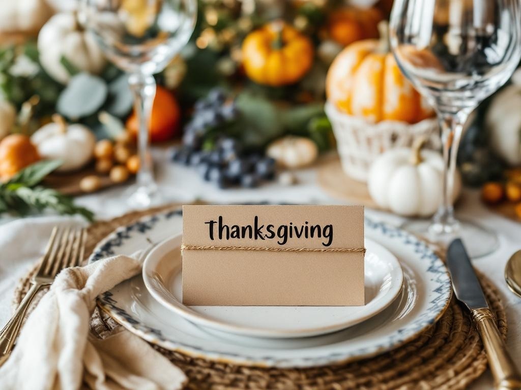 Chic Thanksgiving place card on a beautifully set table with pumpkins and greenery.