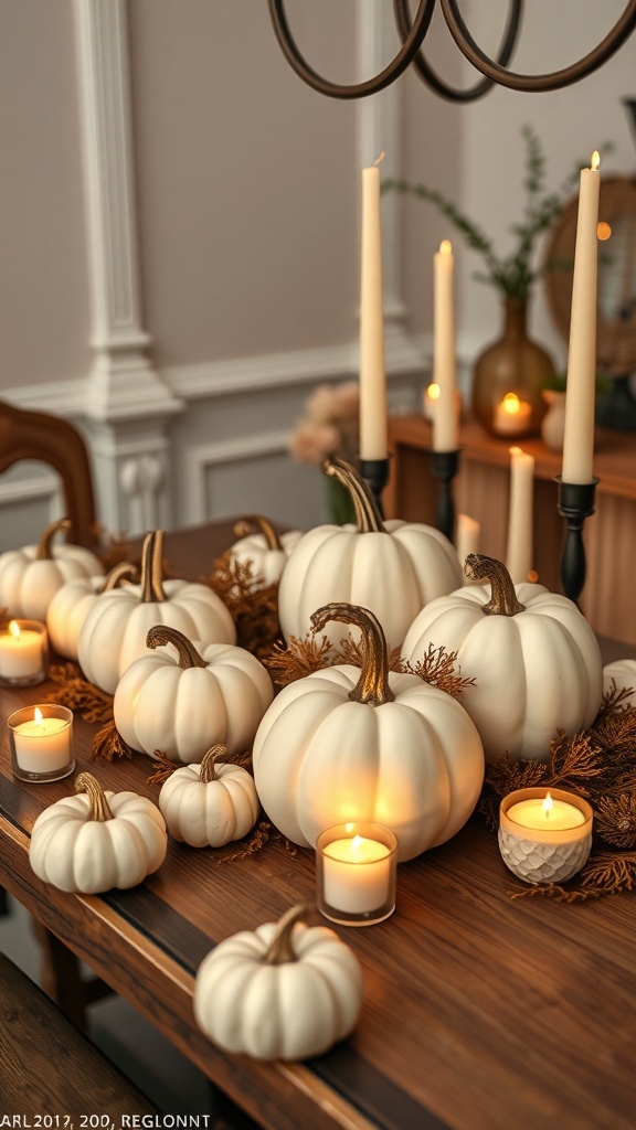 A chic arrangement of white pumpkins and candles on a wooden table, creating a cozy fall decor.