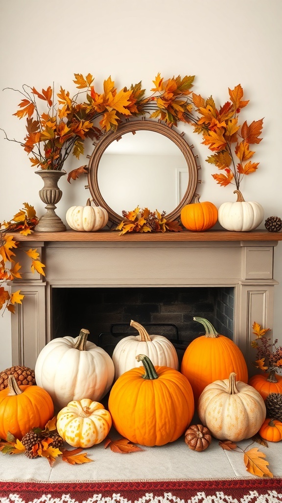 A fireplace mantle decorated with various pumpkins and gourds, autumn leaves, and a round mirror.