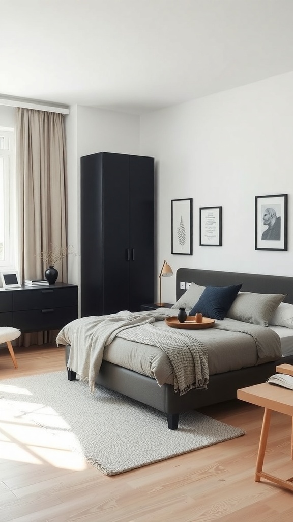 A chic Scandinavian bedroom featuring black furniture, light walls, and natural textures.