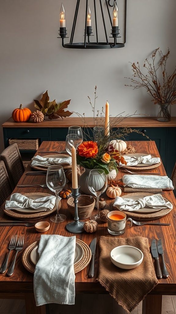 A beautifully set fall dining table with pumpkins, candles, and floral arrangements.
