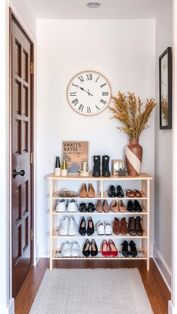 A stylish entryway with a shoe shelf, decorative items, and a large wall clock.