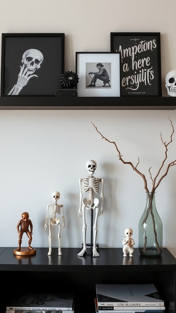 A stylish shelf display featuring various skeleton figurines and framed artwork.