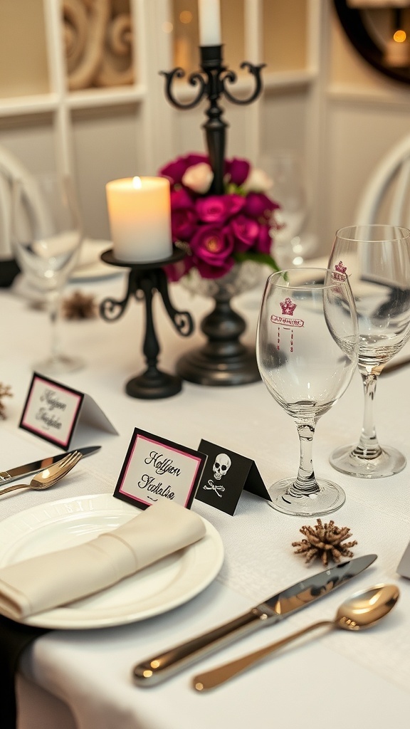 Chic Halloween table setting with skeleton name cards, elegant silverware, and a floral centerpiece.
