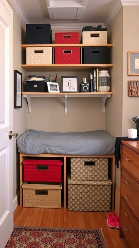A stylish dorm room storage solution with a bed, colorful storage boxes, and decorative items on shelves.