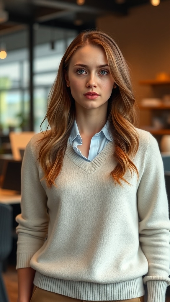 A woman wearing a light sweater over a collared shirt in an office setting.