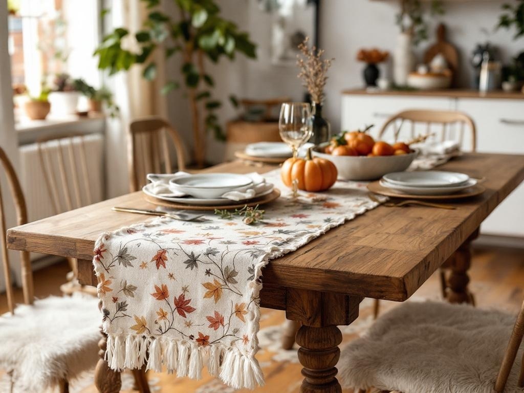 A beautifully set dining table with a chic Thanksgiving table runner featuring autumn leaves, white plates, glassware, and a bowl of pumpkins.