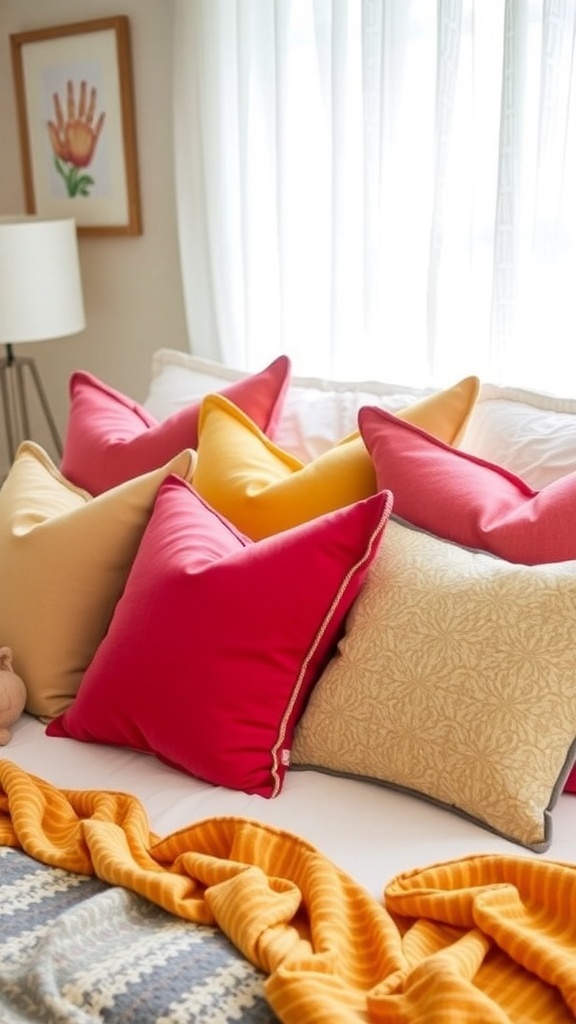 Colorful throw pillows on a bed