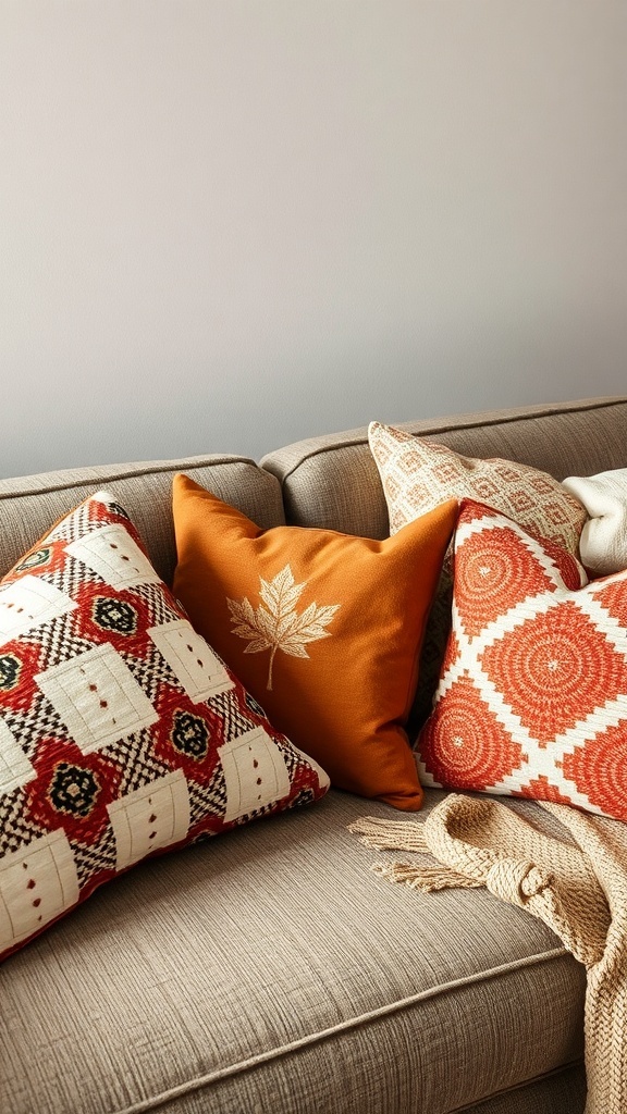 A cozy couch with a mix of chic throw pillows in autumn colors and patterns.