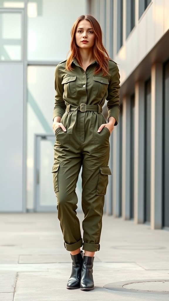 A woman wearing a chic olive green utility jumpsuit with a belted waist and ankle boots, standing confidently.
