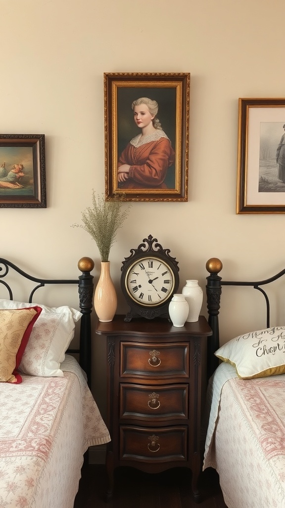A vintage bedroom with elegant portraits, a wooden bedside table, and decorative accessories.
