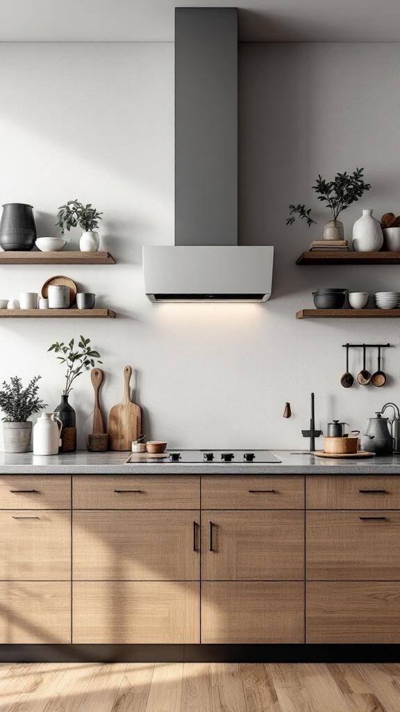 A modern wall-mounted kitchen hood in a stylish kitchen with wooden cabinets and open shelves.