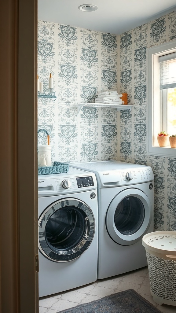Laundry room with patterned wallpaper and modern appliances.